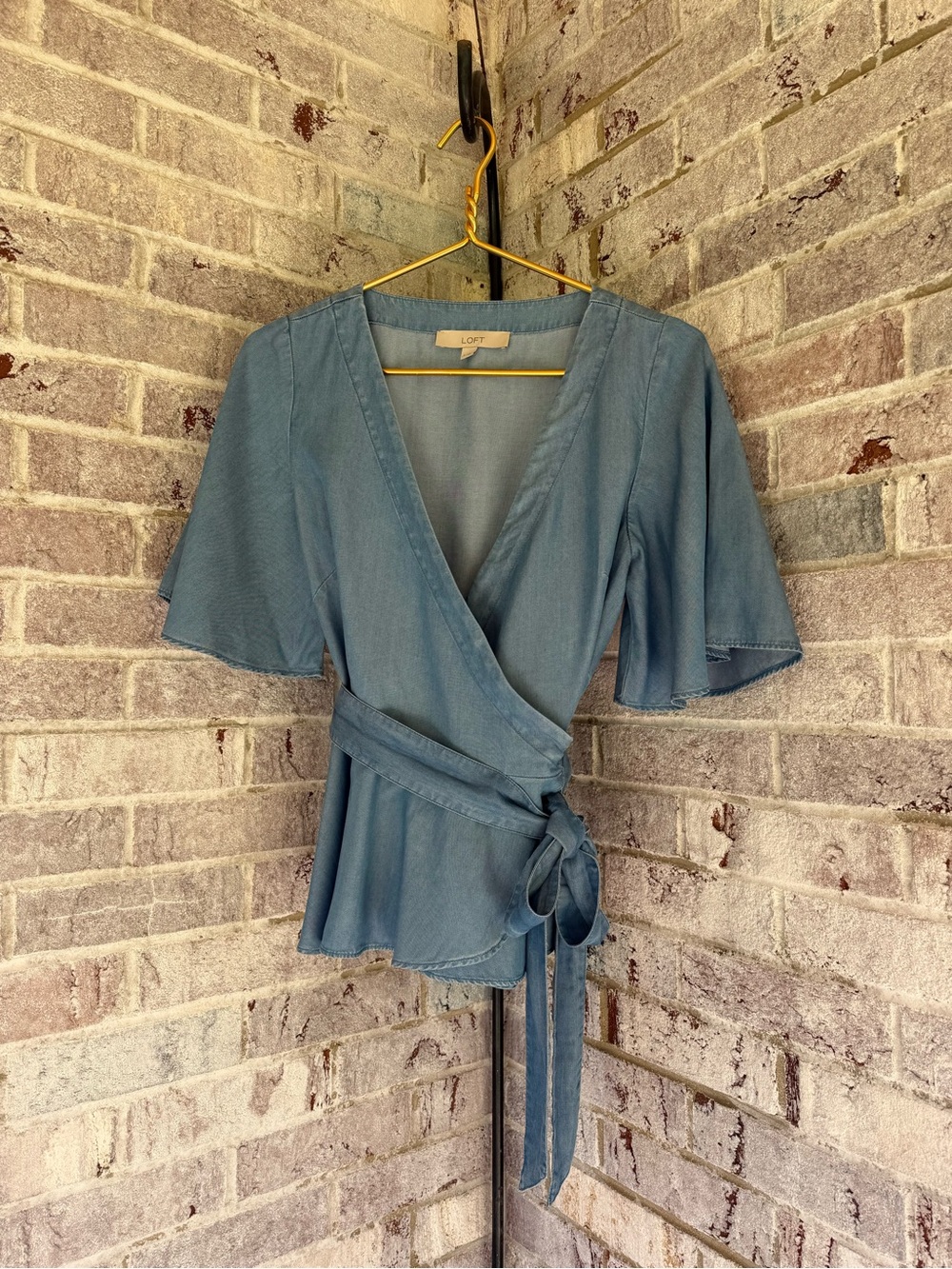 LOFT Dusty Blue Wrap Blouse with Self Tie